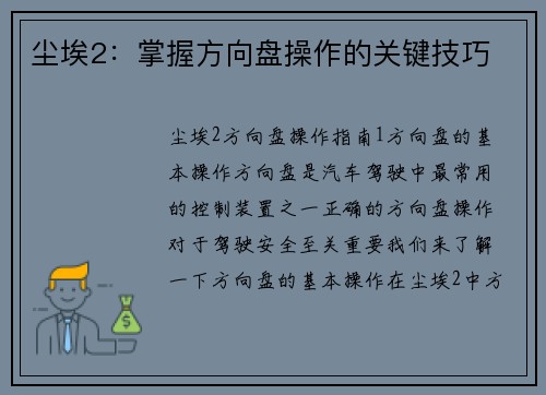 尘埃2：掌握方向盘操作的关键技巧